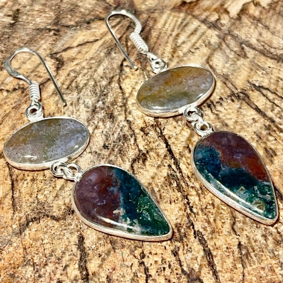 Mocha Stone Green Moss Agate Earrings 2” - Picture 2 of 5